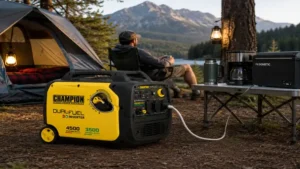Champion dual fuel inverter generator powering camping equipment at an outdoor campsite