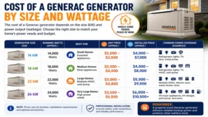 Cost of a Generac generator based on wattage, size, and installed pricing