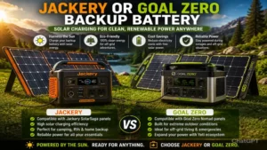 jackery or goal zero backup battery connected to solar panels for renewable energy charging