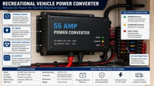 close-up view of a recreational vehicle power converter unit mounted inside an RV