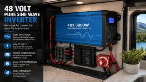 Pure sine wave inverter installed as part of an rv 48 volt solar kit inside a modern RV