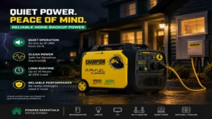 Champion dual fuel inverter generator providing quiet backup power for home use during outages