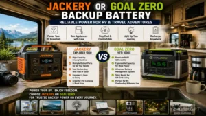 jackery or goal zero backup battery powering appliances and devices inside an RV