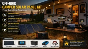 off-grid camper solar panel kit powering appliances during outdoor camping