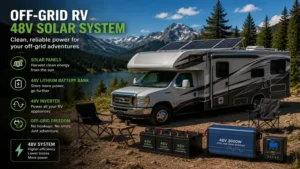 Off-grid camping vehicle powered by an rv 48 volt solar kit in a mountain landscape