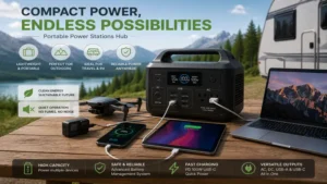 Portable power stations hub charging laptops, smartphones, tablets, cameras, and multiple USB devices