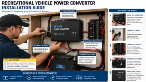 technician installing a recreational vehicle power converter in a travel trailer