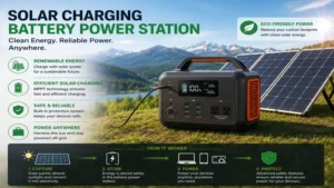 solar charging battery power station connected to solar panels for clean renewable energy storage