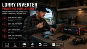 Truck driver using a lorry inverter to power laptops, phones, and onboard appliances
