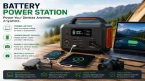battery power station charging a laptop smartphone tablet and camera in an outdoor workspace