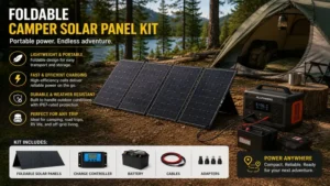 foldable camper solar panel kit charging batteries near a forest campsite