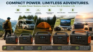 Portable power stations hub designed for travel, RV life, camping, and outdoor adventures