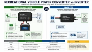 diagram comparing recreational vehicle power converter and inverter functions