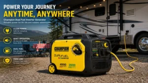 Champion dual fuel inverter generator supplying reliable power for RV travel and outdoor adventures