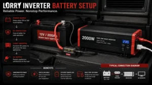 Lorry inverter battery setup with fuse protection and reliable onboard power connection