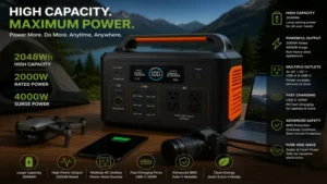 Portable power stations hub with high-capacity battery, fast charging ports, and powerful AC outputs