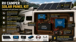 RV camper solar panel kit with charge controller and inverter setup