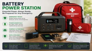 battery power station included in an emergency preparedness kit with essential backup supplies