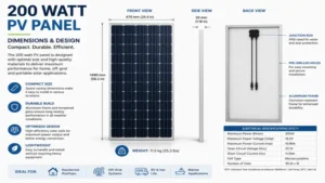 Detailed dimensions and design layout of a 200 watt pv panel for residential and off-grid use