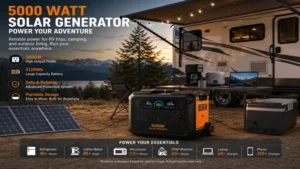 5000 watt solar generator powering appliances and electronics at an RV campsite during outdoor adventures