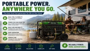 Portable best dual fuel generator designed for camping, outdoor activities, and emergency use
