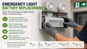 Technician replacing an emergency light battery in a commercial lighting unit