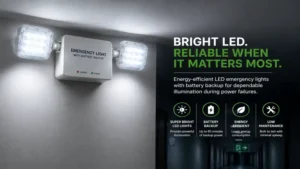 Emergency lights with battery backup components highlighting LED heads, battery unit, and emergency operation