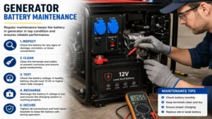Technician performing battery in generator maintenance and inspection