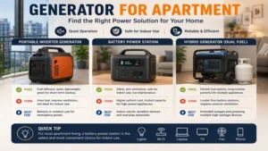 Generator for apartment comparison showing quiet and indoor-safe power station options.
