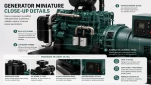 generator miniature close-up highlighting engine block, piping, filters, and alternator details