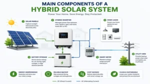 Main components of a hybrid solar system including PV panels, hybrid inverter, battery, and smart meter