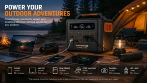 powerhouse generator powering camping equipment and outdoor electronics at a campsite