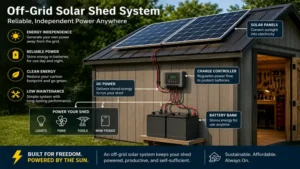 Off-grid solar panel for shed power setup with charge controller and battery bank for energy independence