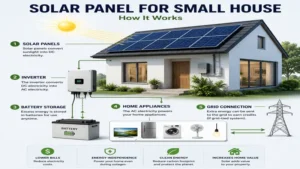 Diagram showing a solar panel for small house system with panels, inverter, battery storage, and home appliances