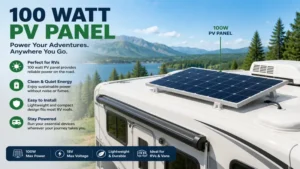 100 watt pv panel installed on an RV roof to provide portable solar electricity while traveling