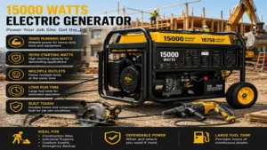 electric generator 15000 watts supplying electricity to construction equipment on a job site