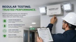 Emergency lights with battery backup undergoing routine testing to ensure reliable performance during power outages