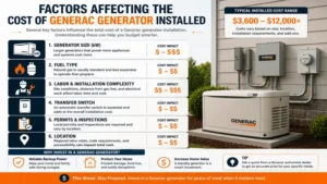 Cost of generac generator installed affected by generator size, fuel type, site conditions, and labor requirements