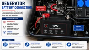 Close-up view of battery in generator terminals and wiring connections
