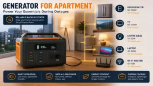 Generator for apartment supplying electricity to lights, refrigerator, and electronic devices.