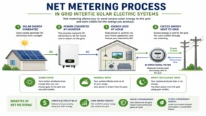 Net metering process used with grid intertie solar electric systems to export excess solar energy