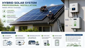 Professional installation of a hybrid solar system on a residential rooftop with battery storage