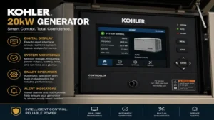 close-up view of a kohler 20kw generator control panel showing real-time system monitoring and operation