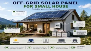 Off-grid solar panel for small house setup with battery backup in a rural environment