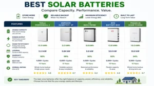best solar batteries comparison chart showing capacity, efficiency, performance, and value