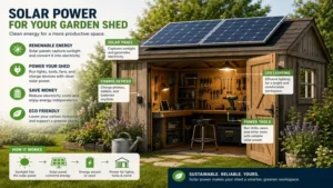 Garden workspace using solar panel for shed power to run lighting, tools, and charging devices