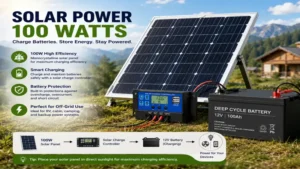 Solar power 100 watts system charging a 12V battery through a solar charge controller for energy storage