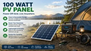 100 watt pv panel powering devices at a campsite with sustainable off-grid energy