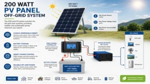 Complete off-grid power setup using a 200 watt pv panel with battery storage and inverter