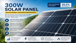 Close-up view of a high-efficiency 300w solar panel capturing maximum sunlight